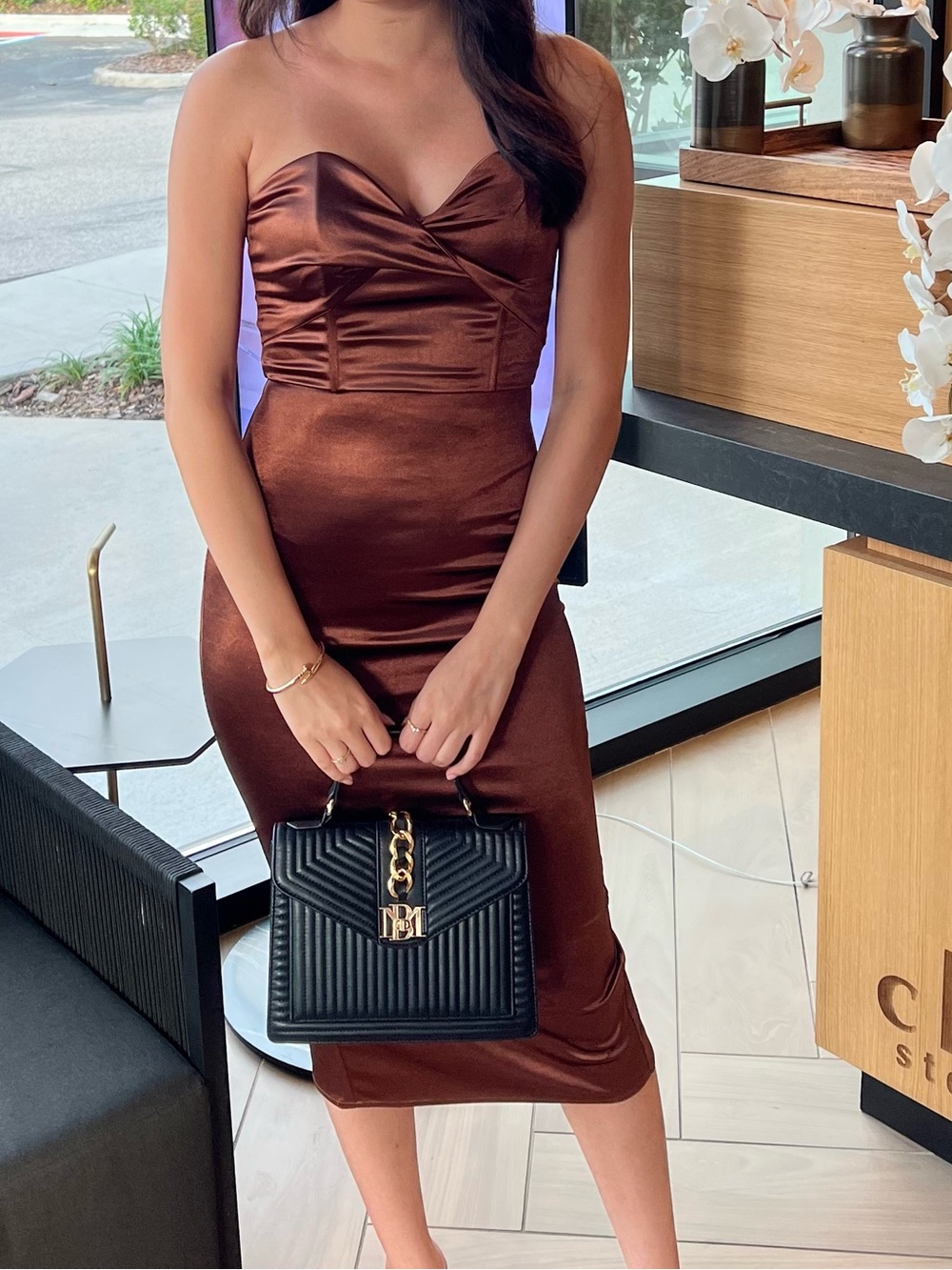 Strapless Satin Brown Midi Dress